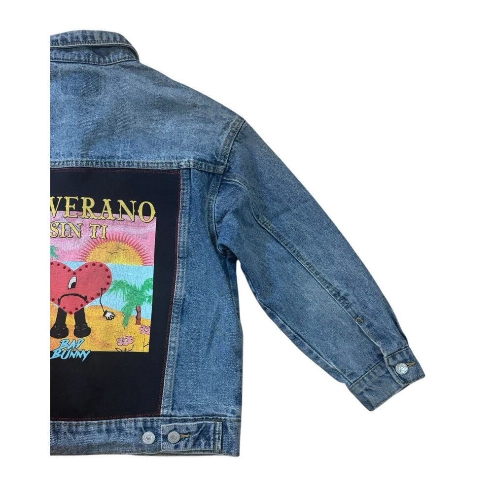 BAD BUNNY Un Verano Sin Ti Reggaeton House Upcycled Retro Denim Jacket Size L - Picture 9 of 14
